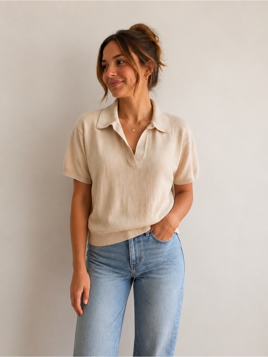 J. Crew Sweaters - J. Crew Cream Short-Sleeve Knit with Linen Polo Top